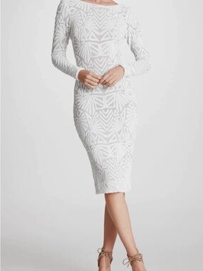 Dress the Population White Long-Sleeve Geometric Bodycon Midi Dress